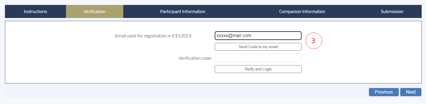 Write your email used in abstract submission for ICES2023 conference and then hit button 'Send Code to my email'